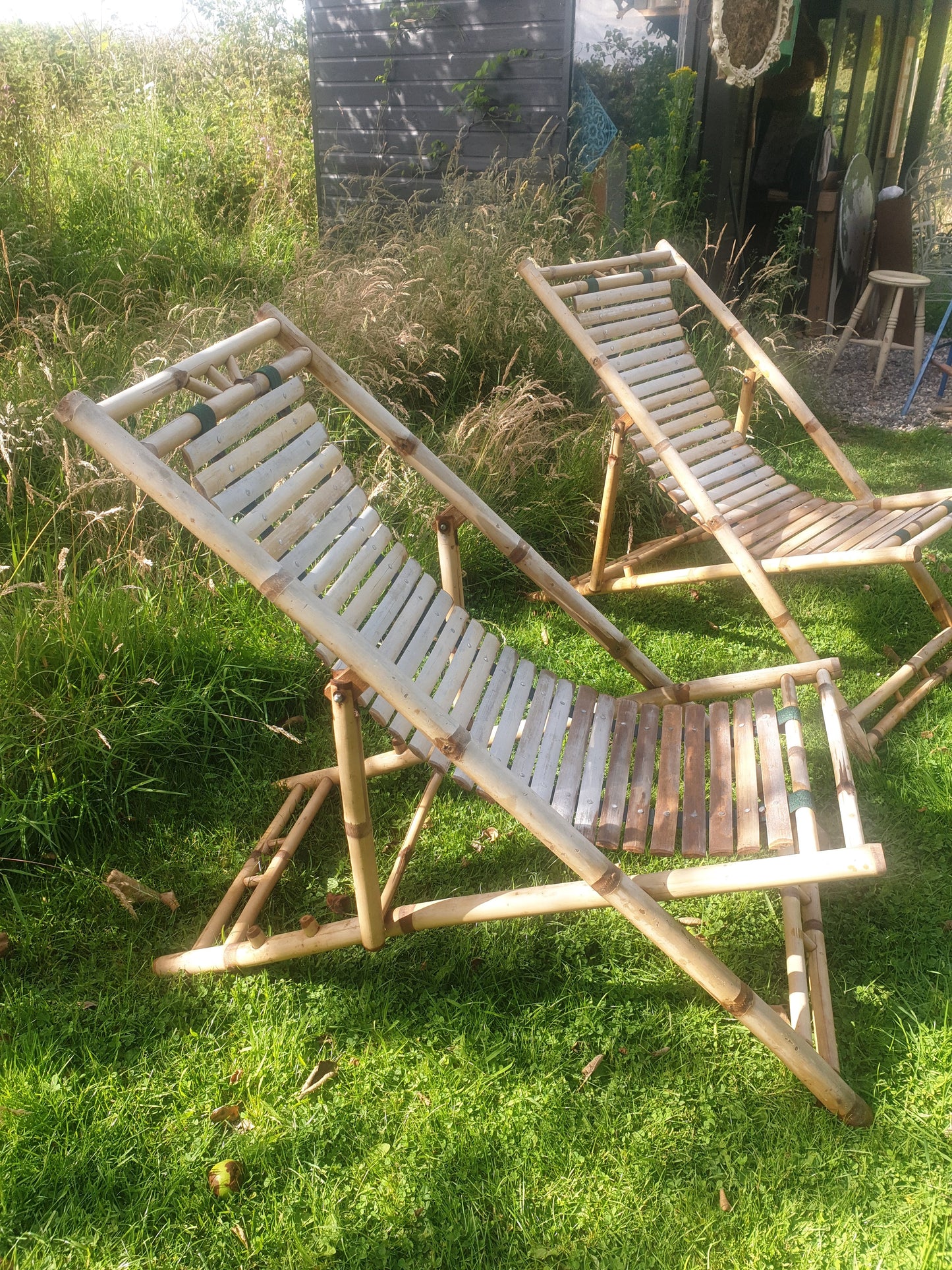 Vintage folding bamboo deckchairs