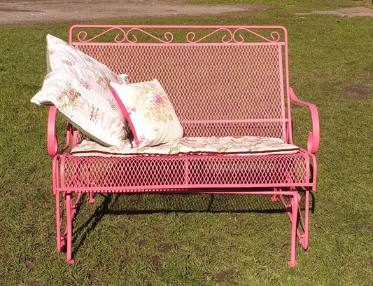 Vintage Metal Mesh Patio Glider Swing Bench - Pink Retro Garden Seat